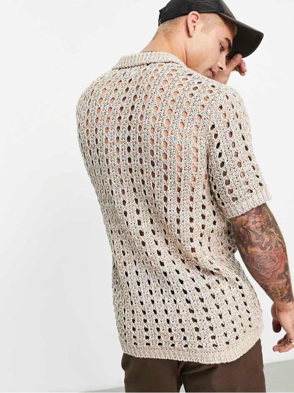 ASOS Taupe Open-Knit Short Sleeve Cardigan - Picture 3 of 10